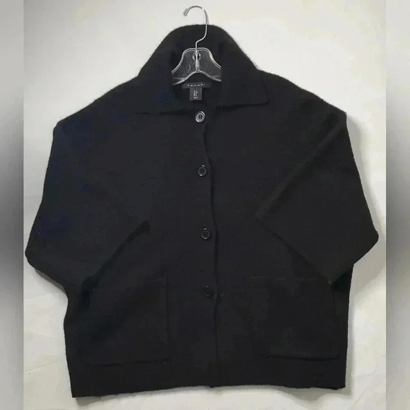 Tahari Cashmere Blend Black Oversized Open ButtonSz S Cropped Cardigan  Sweater - Picture 1 of 10
